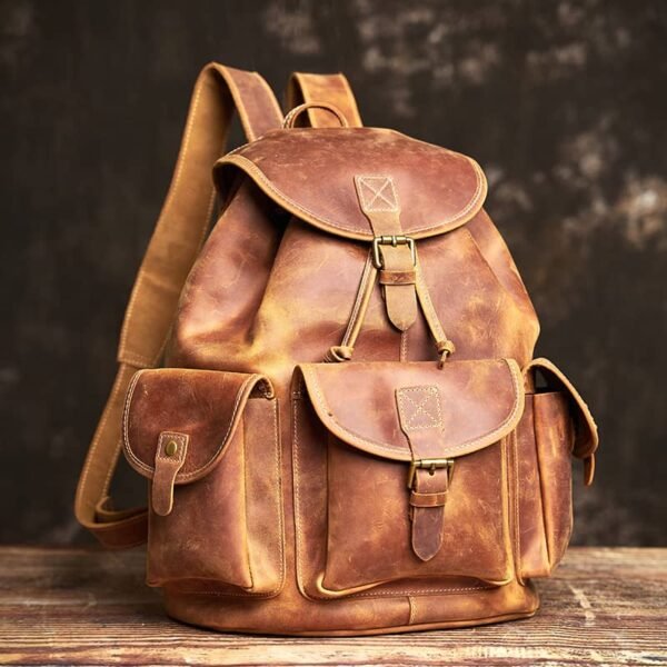 Vintage Leather Backpack | With Flap Drawstring Opening - Image 3