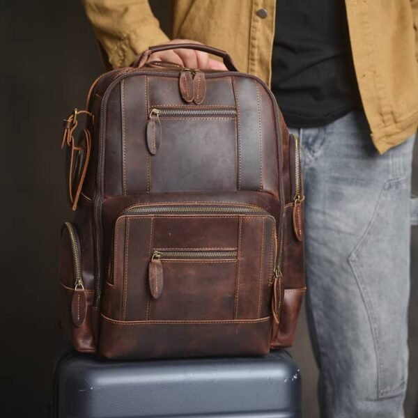 Vintage Leather Double Backpack | Trolley Case Fixing Strap - Image 7