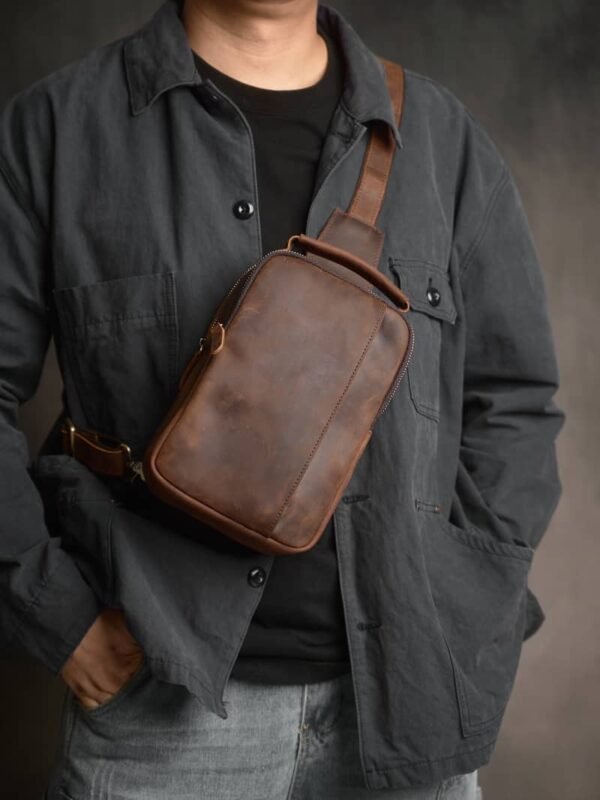 Vintage Leather Chest Bag l Leather Men Crossbody Bag - Image 6