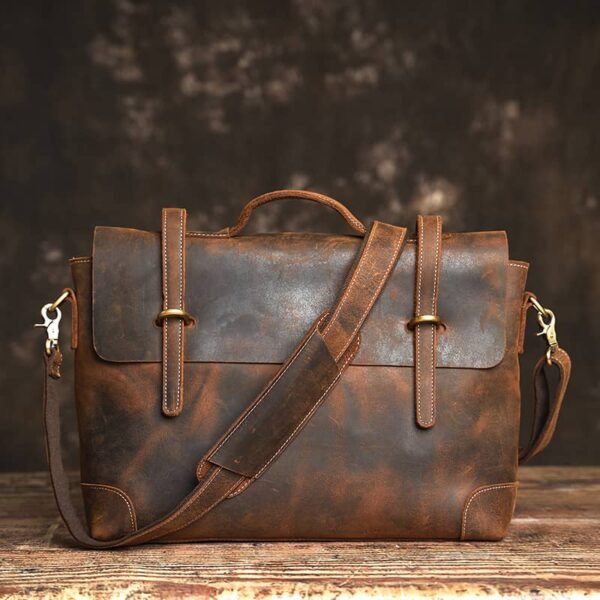 Vintage Leather Briefcase | Leather Large Crossbody Bag - Image 3