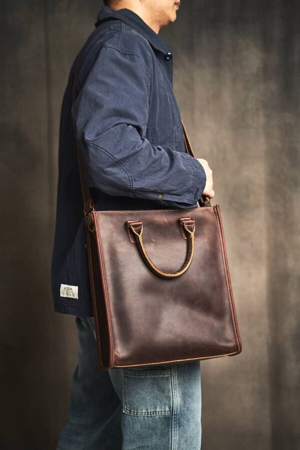 Vintage Leather Handbag | Vertical Genuine Leather Tote Bag - Image 9