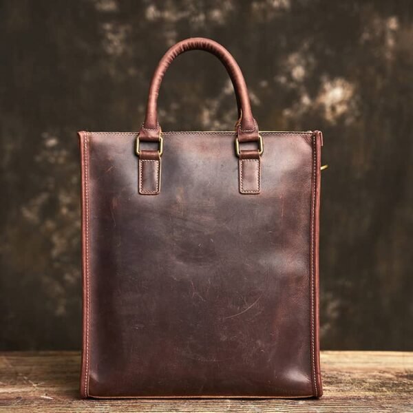 Vintage Leather Handbag | Vertical Genuine Leather Tote Bag - Image 5
