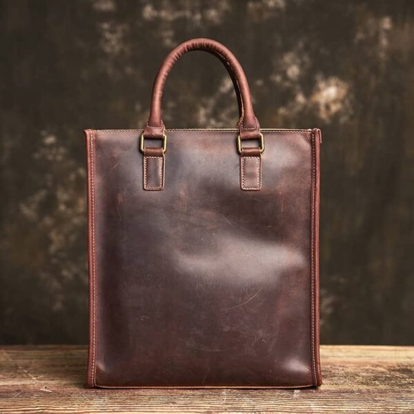 Vintage Leather Handbag | Vertical Genuine Leather Tote Bag - Image 3