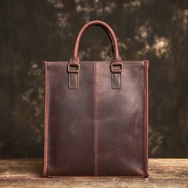 Vintage Leather Handbag | Vertical Genuine Leather Tote Bag - Image 4