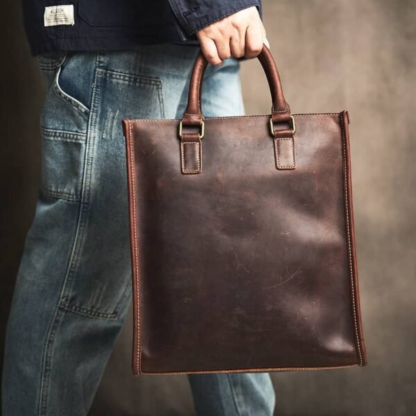 Vintage Leather Handbag | Vertical Genuine Leather Tote Bag - Image 7