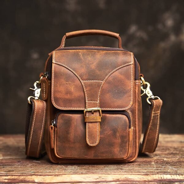 Vintage Leather Messenger Bag | Classic Vertical  Shoulder Bag - Image 3