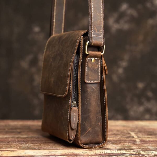 Vintage Leather Messenger Bag | Vertical Leather Shoulder Bag - Image 5