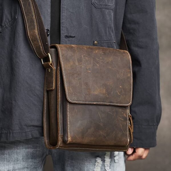 Vintage Leather Messenger Bag | Vertical Leather Shoulder Bag - Image 6